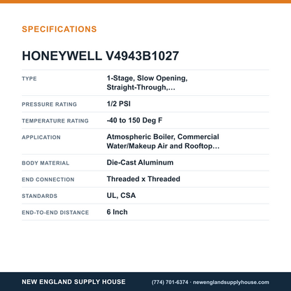 Honeywell Thermal Solutions FSG V4943B1027 Diaphragm Gas Valve specifications — New England Supply House [NESH-SPECTABLE-V1]