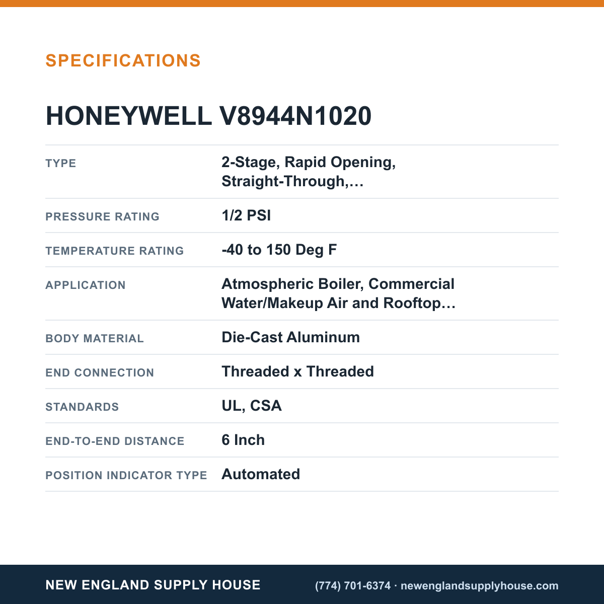 Honeywell Thermal Solutions FSG V8944N1020 Diaphragm Gas Valve specifications — New England Supply House [NESH-SPECTABLE-V1]