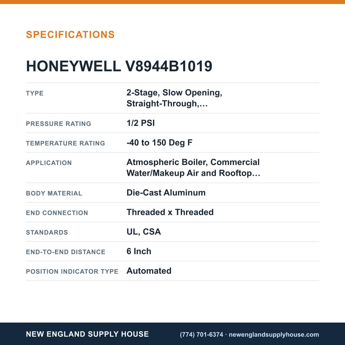 Honeywell Thermal Solutions FSG V8944B1019 Diaphragm Gas Valve specifications — New England Supply House [NESH-SPECTABLE-V1]