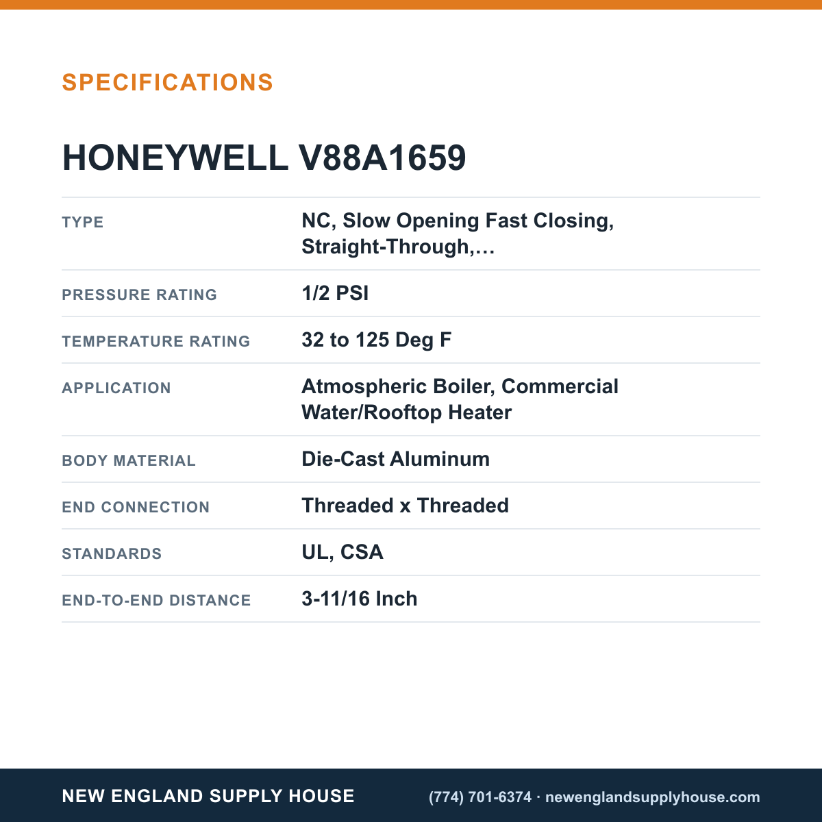 Honeywell Thermal Solutions FSG V88A1659 Diaphragm Gas Valve specifications — New England Supply House [NESH-SPECTABLE-V1]