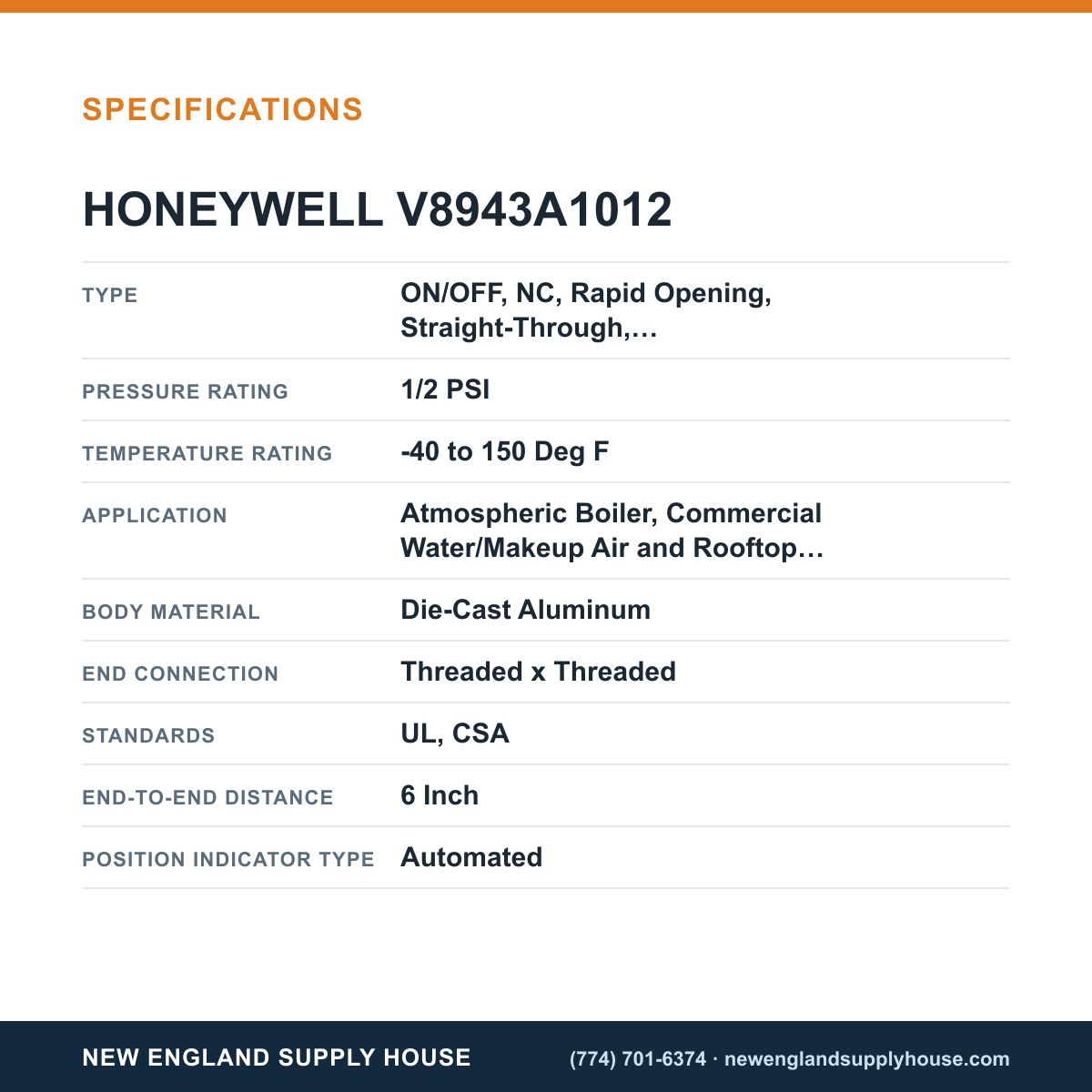 Honeywell Thermal Solutions FSG V8943A1012 Diaphragm Gas Valve specifications — New England Supply House [NESH-SPECTABLE-V1]