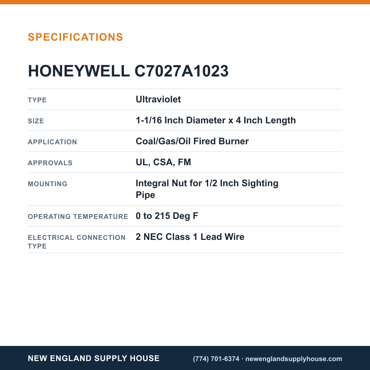 Honeywell Thermal Solutions FSG C7027A1023 Flame Detector specifications — New England Supply House [NESH-SPECTABLE-V1]