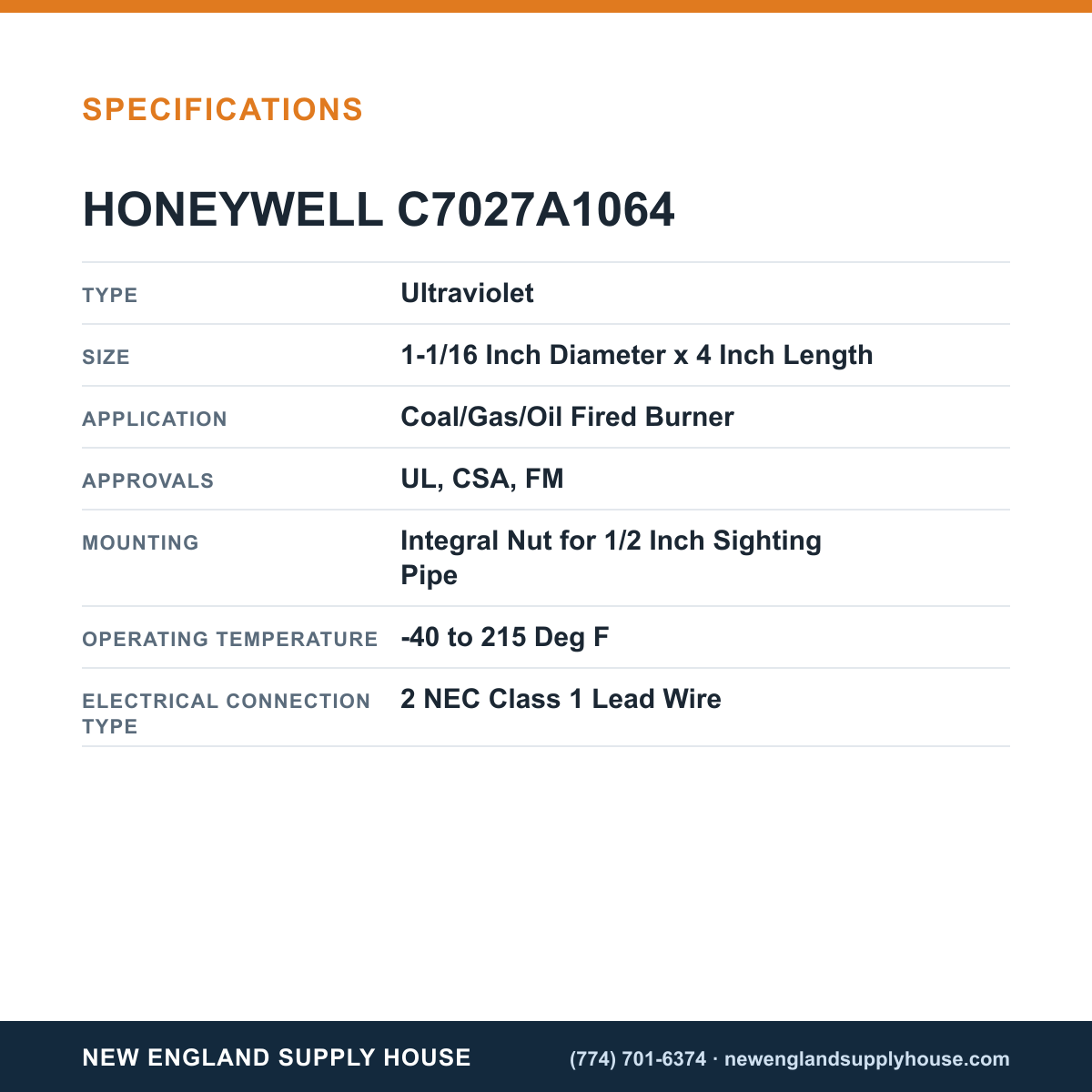 Honeywell Thermal Solutions FSG C7027A1064 Flame Detector specifications — New England Supply House [NESH-SPECTABLE-V1]