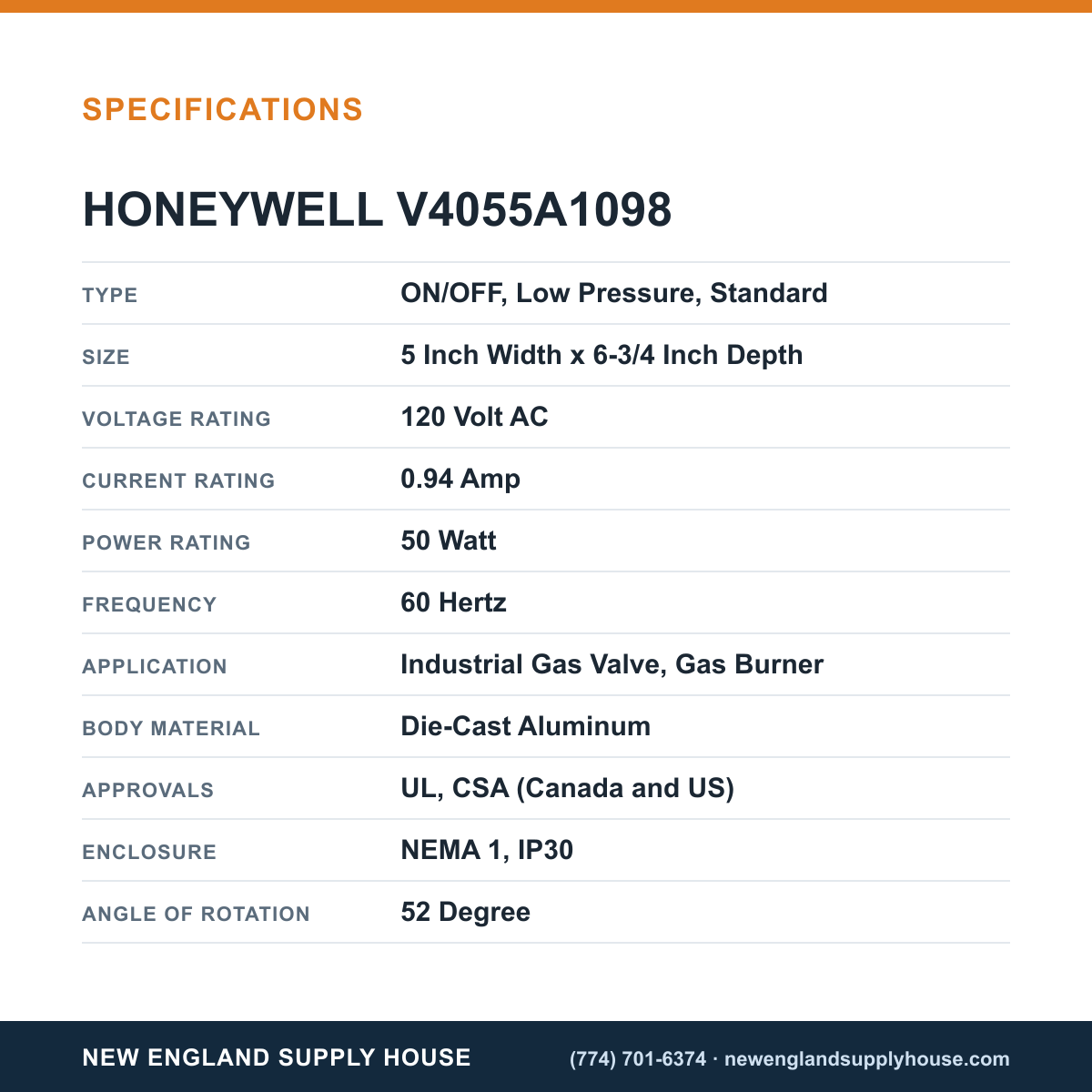 Honeywell Thermal Solutions FSG V4055A1098 Fluid Power Gas Valve Actuator specifications — New England Supply House [NESH-SPECTABLE-V1]