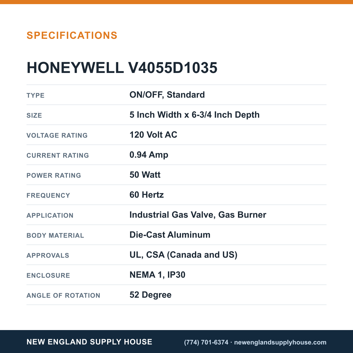 Honeywell Thermal Solutions FSG V4055D1035 Fluid Power Gas Valve Actuator specifications — New England Supply House [NESH-SPECTABLE-V1]