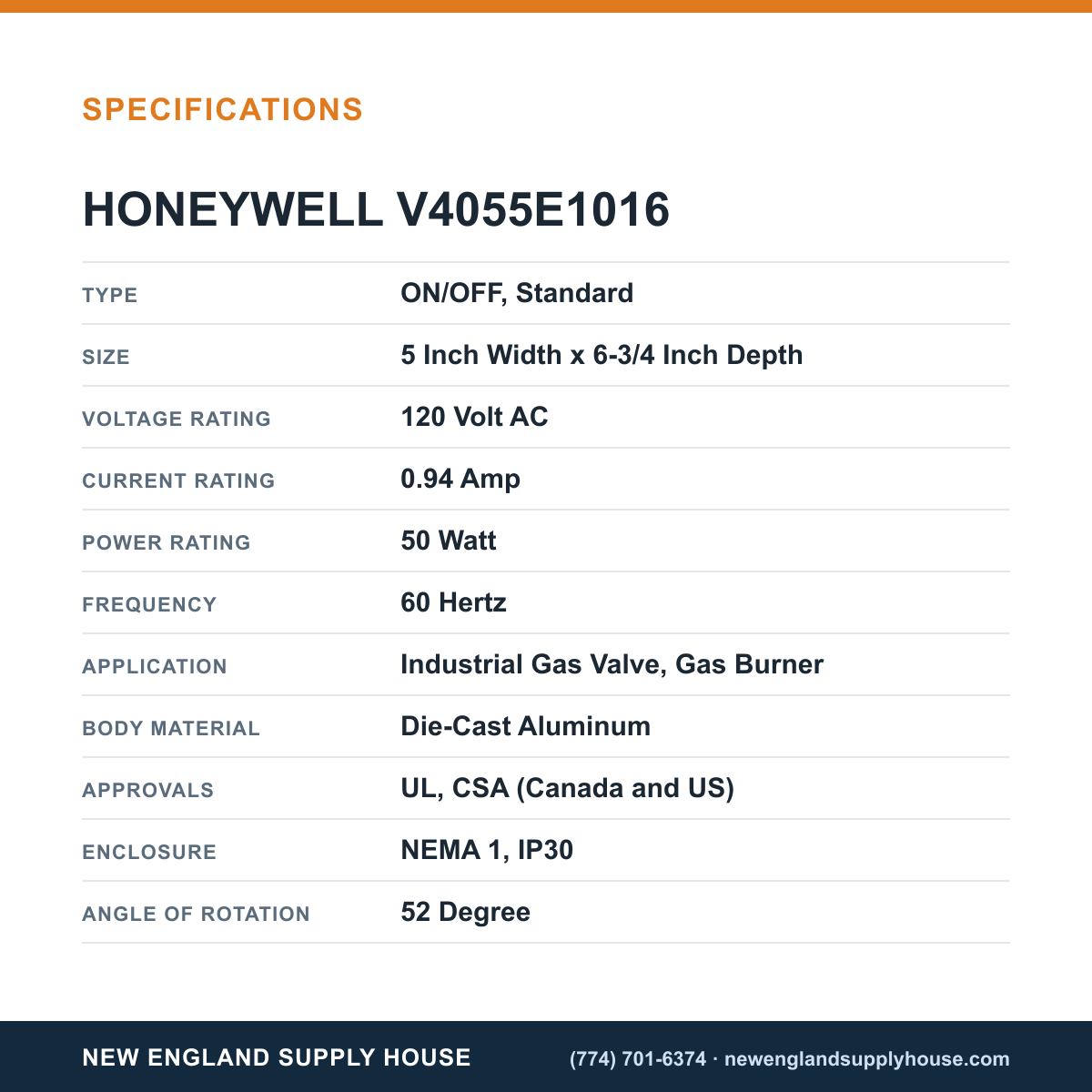 Honeywell Thermal Solutions FSG V4055E1016 Fluid Power Gas Valve Actuator specifications — New England Supply House [NESH-SPECTABLE-V1]