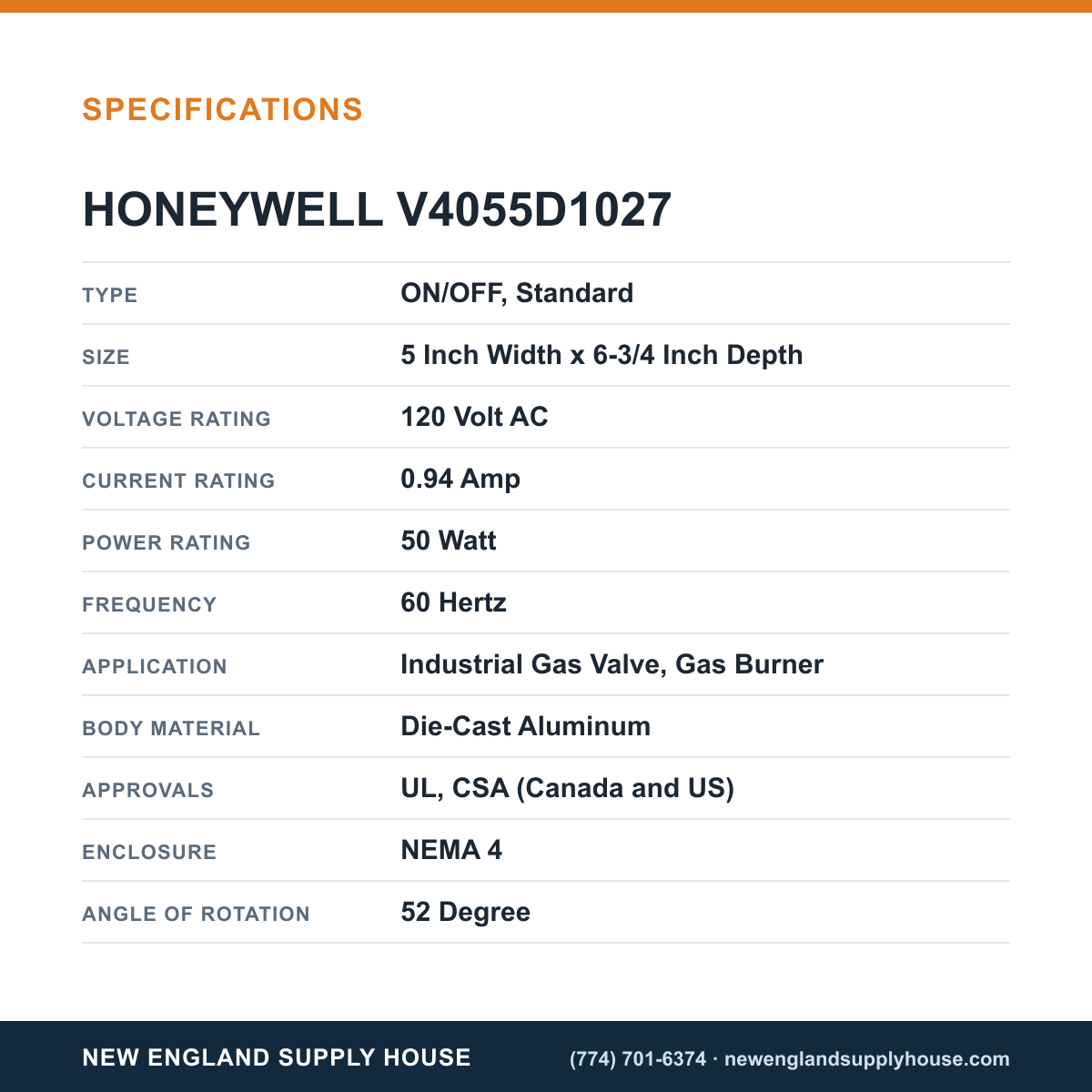 Honeywell Thermal Solutions FSG V4055D1027 Fluid Power Gas Valve Actuator specifications — New England Supply House [NESH-SPECTABLE-V1]