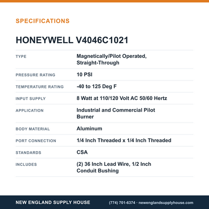 Honeywell Thermal Solutions FSG V4046C1021 Gas Valve specifications — New England Supply House [NESH-SPECTABLE-V1]
