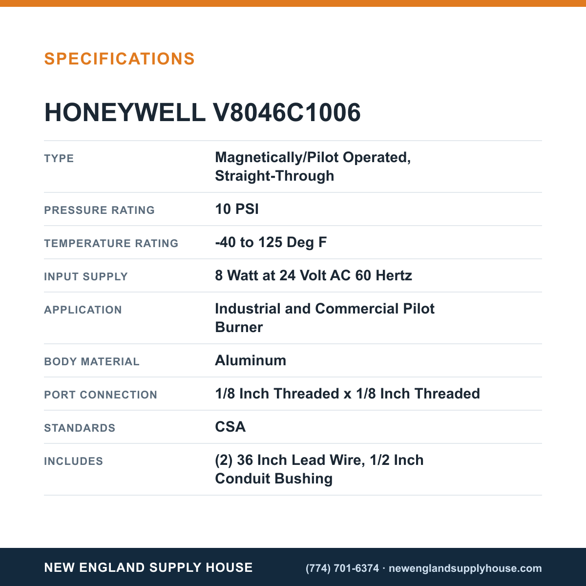 Honeywell Thermal Solutions FSG V8046C1006 Gas Valve specifications — New England Supply House [NESH-SPECTABLE-V1]