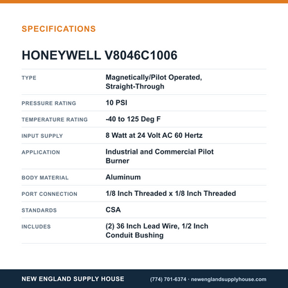 Honeywell Thermal Solutions FSG V8046C1006 Gas Valve specifications — New England Supply House [NESH-SPECTABLE-V1]