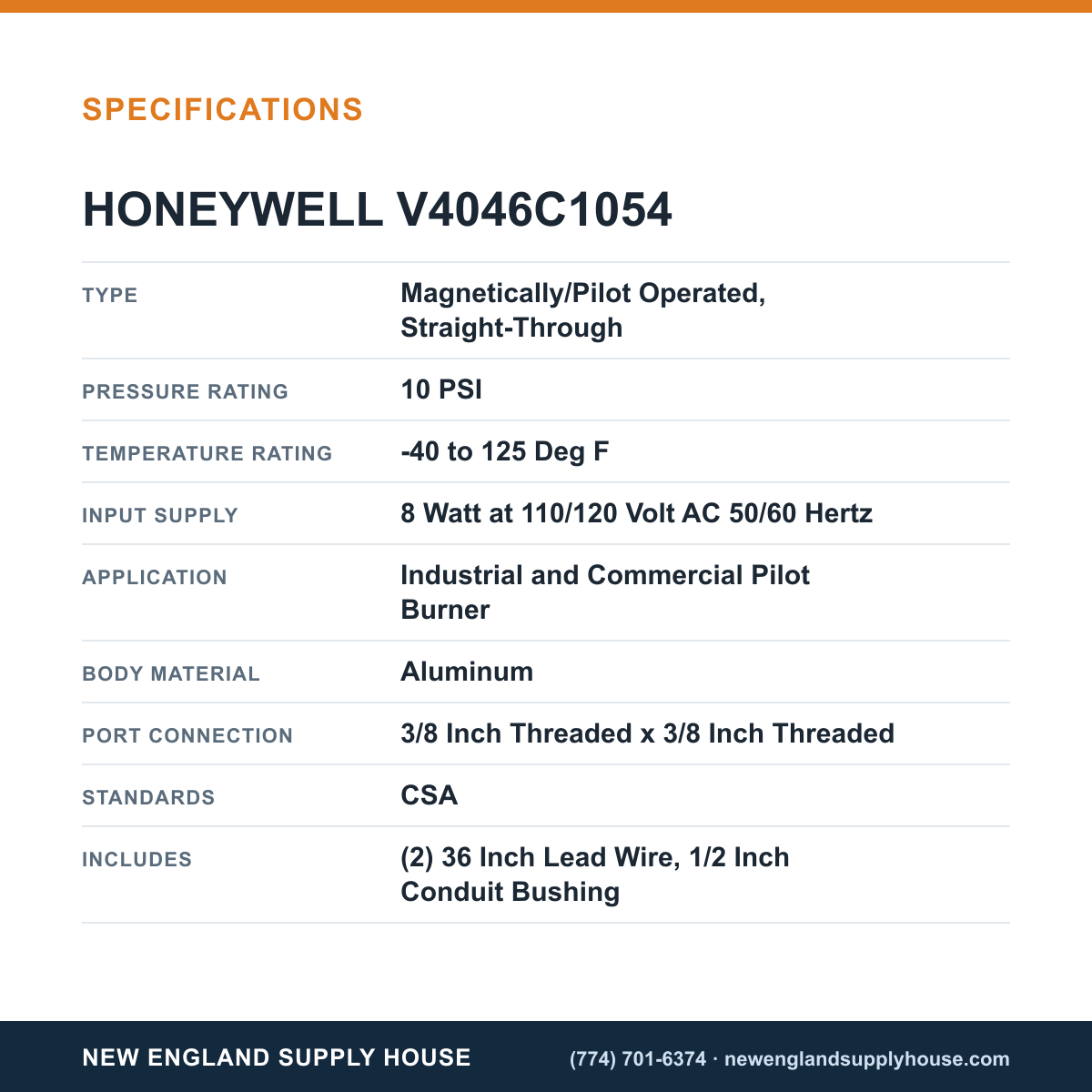 Honeywell Thermal Solutions FSG V4046C1054 Gas Valve specifications — New England Supply House [NESH-SPECTABLE-V1]