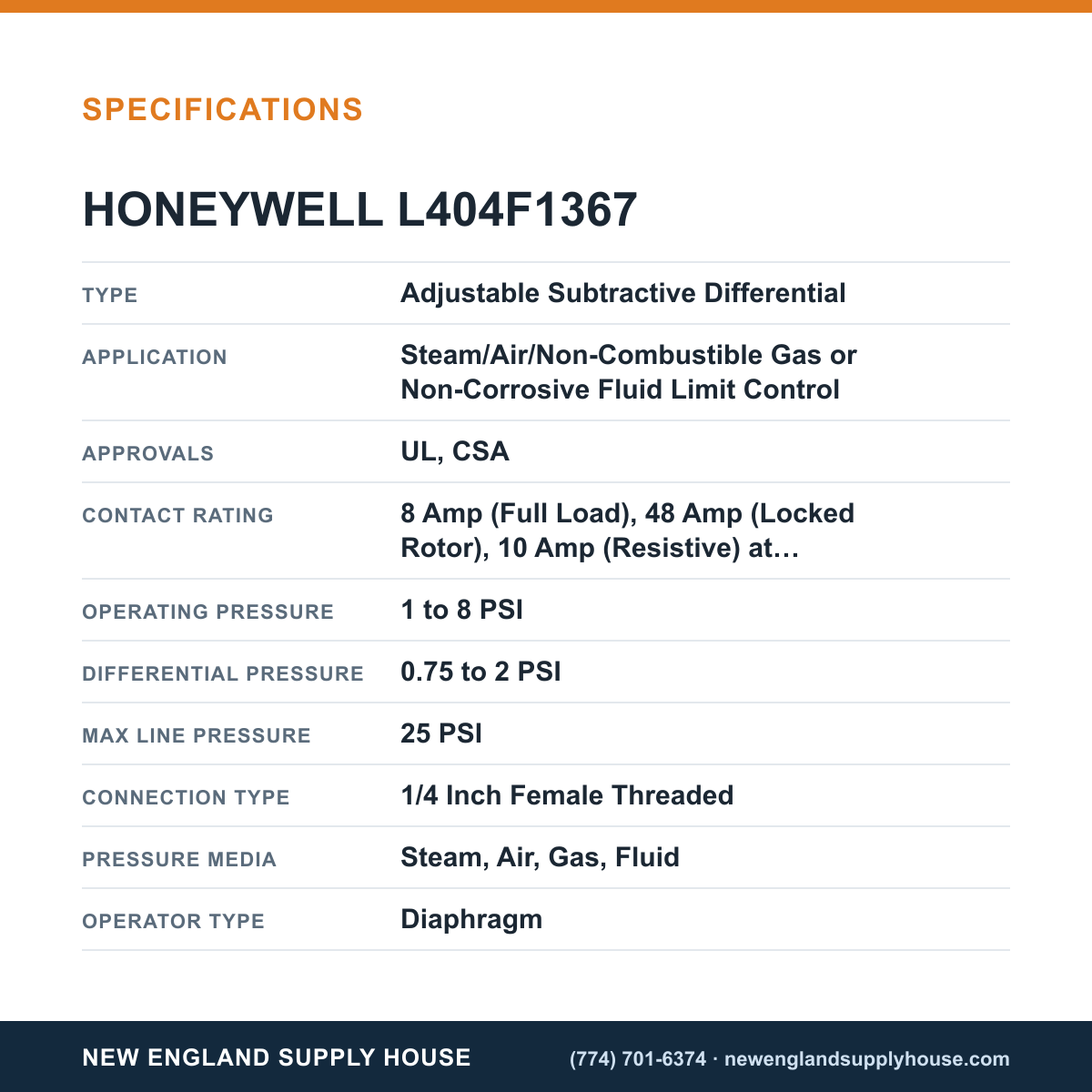 Honeywell Thermal Solutions FSG L404F1367 Pressure and Limit Controller specifications — New England Supply House [NESH-SPECTABLE-V1]