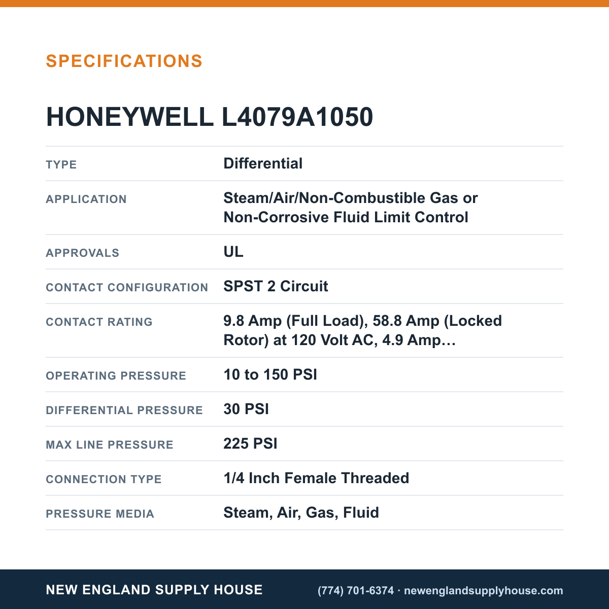 Honeywell Thermal Solutions FSG L4079A1050 Pressure and Limit Controller specifications — New England Supply House [NESH-SPECTABLE-V1]