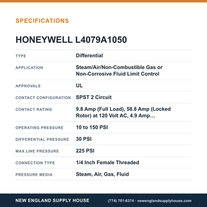 Honeywell Thermal Solutions FSG L4079A1050 Pressure and Limit Controller specifications — New England Supply House [NESH-SPECTABLE-V1]