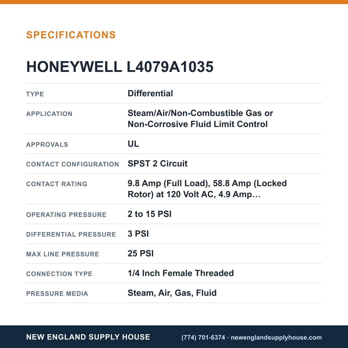 Honeywell Thermal Solutions FSG L4079A1035 Pressure and Limit Controller specifications — New England Supply House [NESH-SPECTABLE-V1]