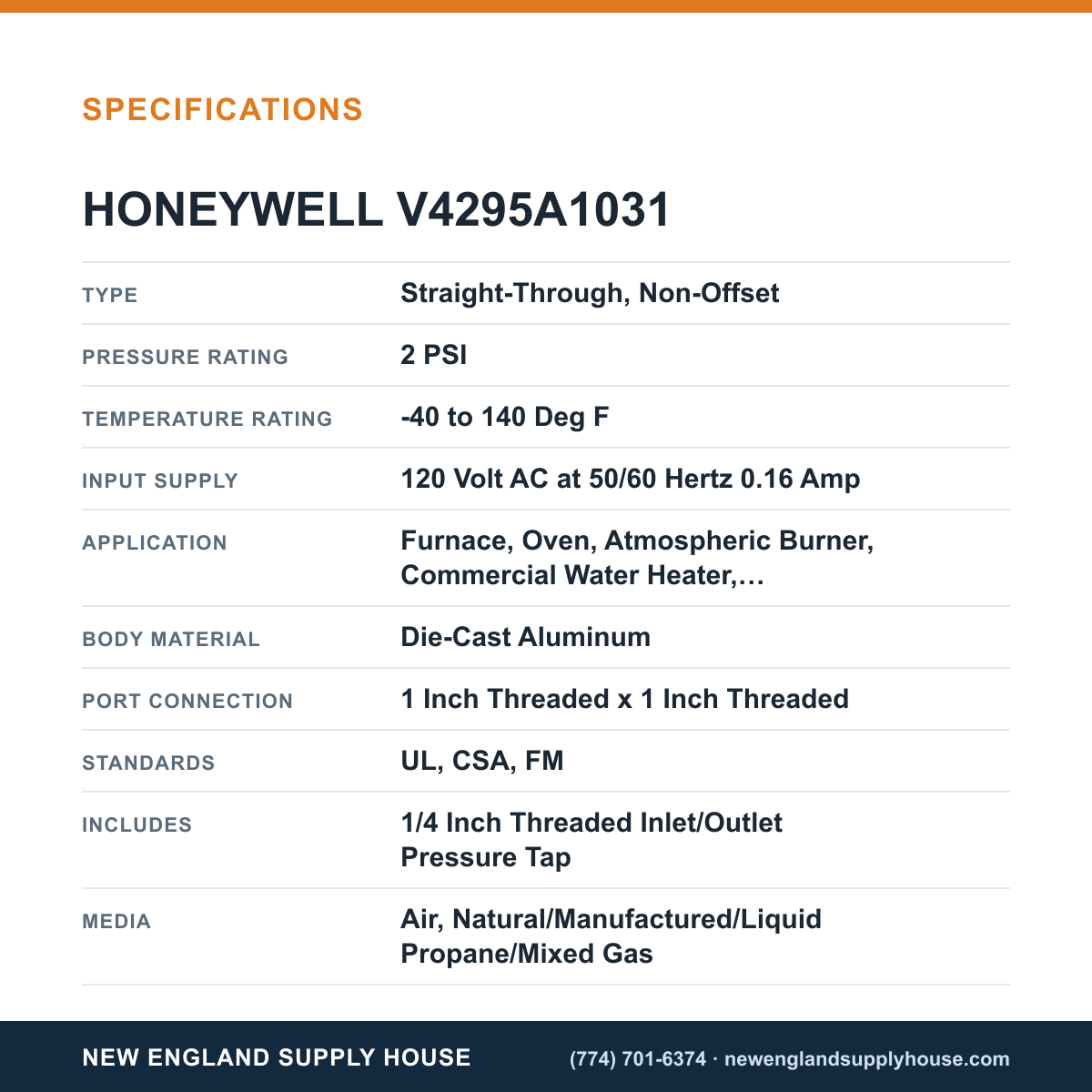 Honeywell Thermal Solutions FSG V4295A1031 Solenoid Gas Valve specifications — New England Supply House [NESH-SPECTABLE-V1]