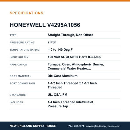 Honeywell Thermal Solutions FSG V4295A1056 Solenoid Gas Valve specifications — New England Supply House [NESH-SPECTABLE-V1]