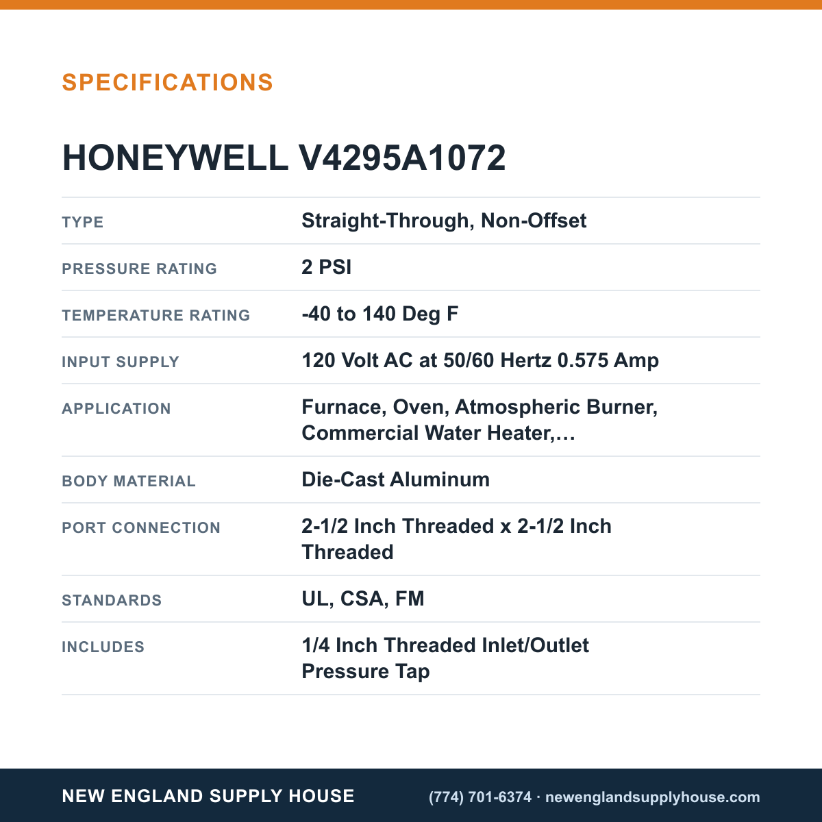 Honeywell Thermal Solutions FSG V4295A1072 Solenoid Gas Valve specifications — New England Supply House [NESH-SPECTABLE-V1]