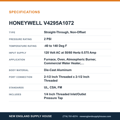 Honeywell Thermal Solutions FSG V4295A1072 Solenoid Gas Valve specifications — New England Supply House [NESH-SPECTABLE-V1]