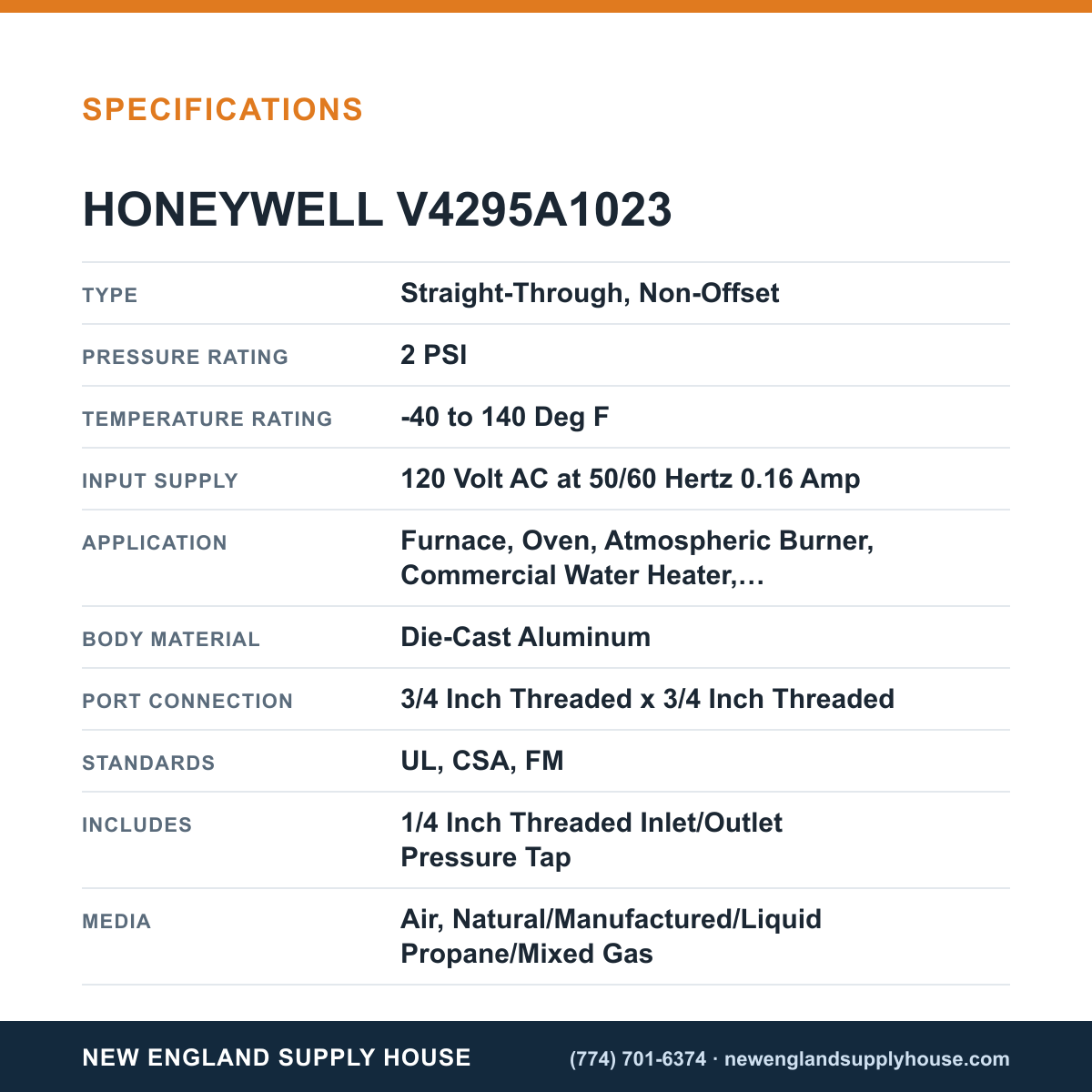 Honeywell Thermal Solutions FSG V4295A1023 Solenoid Gas Valve specifications — New England Supply House [NESH-SPECTABLE-V1]