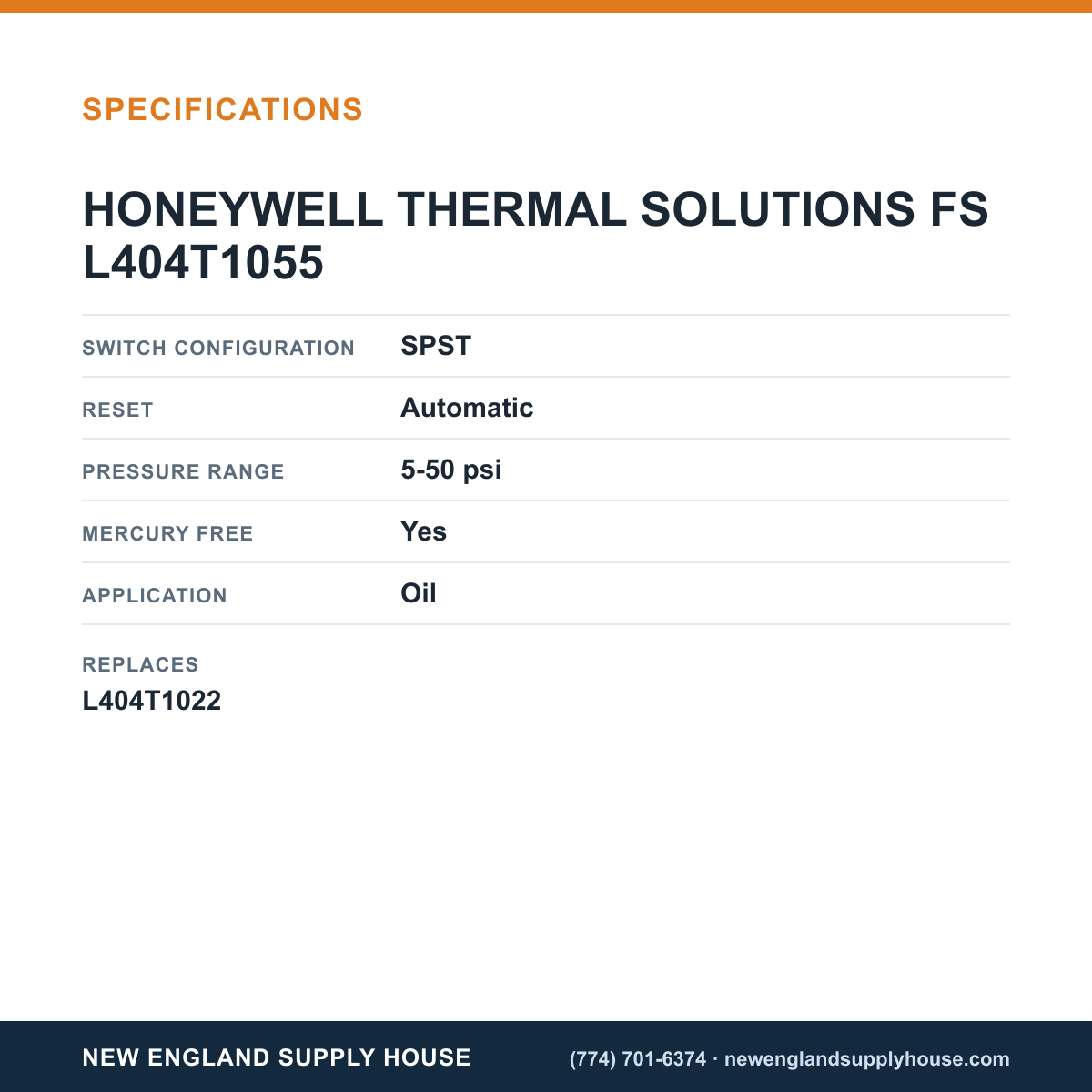 Honeywell Thermal Solutions FSG L404T1055 Pressuretrol specifications — New England Supply House [NESH-SPECTABLE-V1]
