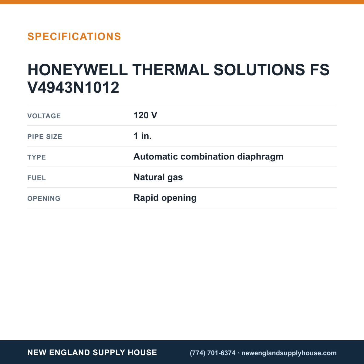 Honeywell Thermal Solutions FSG V4943N1012 Auto Combination Diaphragm Gas Valve specifications — New England Supply House [NESH-SPECTABLE-V1]
