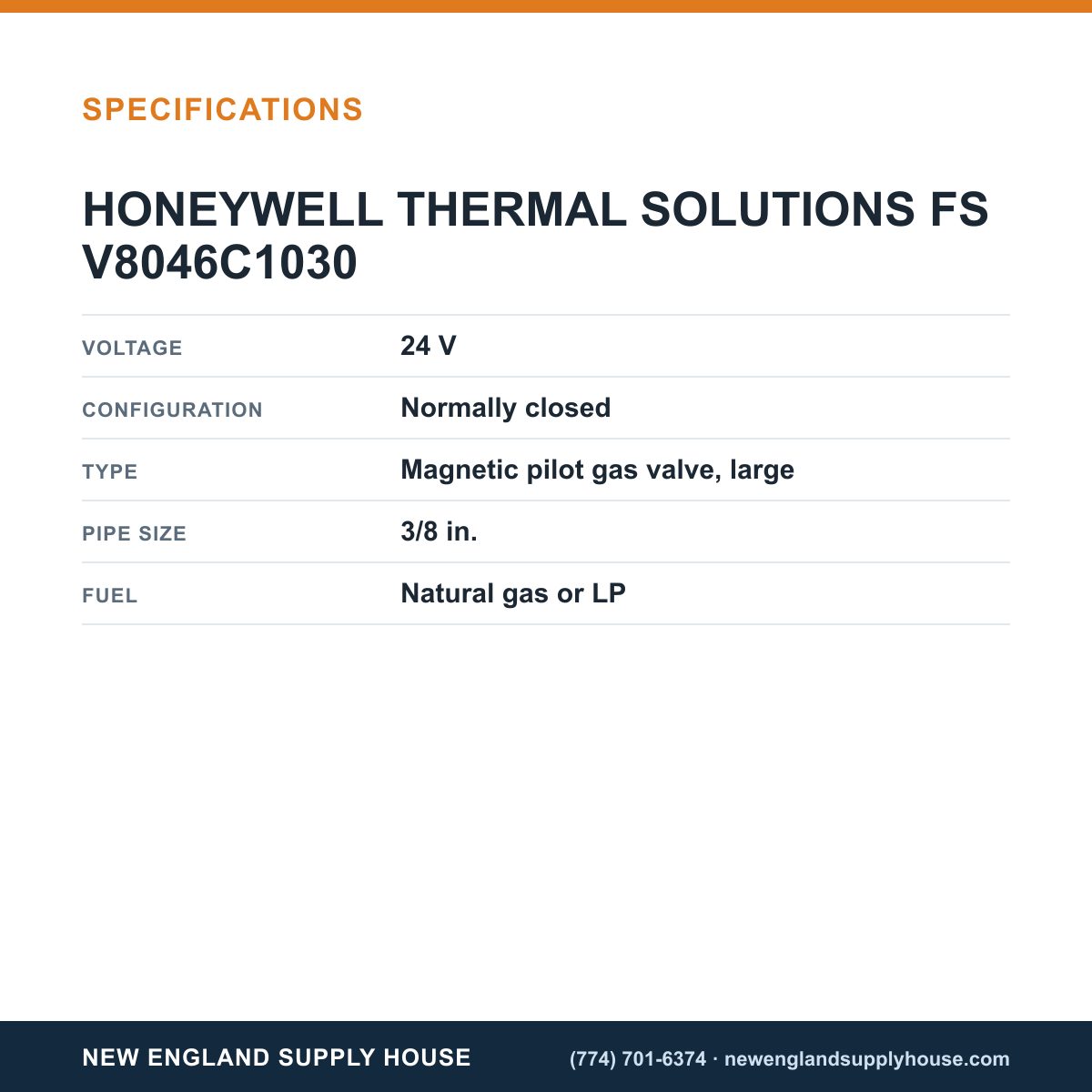Honeywell Thermal Solutions FSG V8046C1030 Gas Valve specifications — New England Supply House [NESH-SPECTABLE-V1]