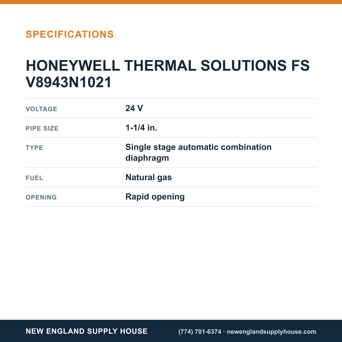 Honeywell Thermal Solutions FSG V8943N1021 Gas Valve specifications — New England Supply House [NESH-SPECTABLE-V1]