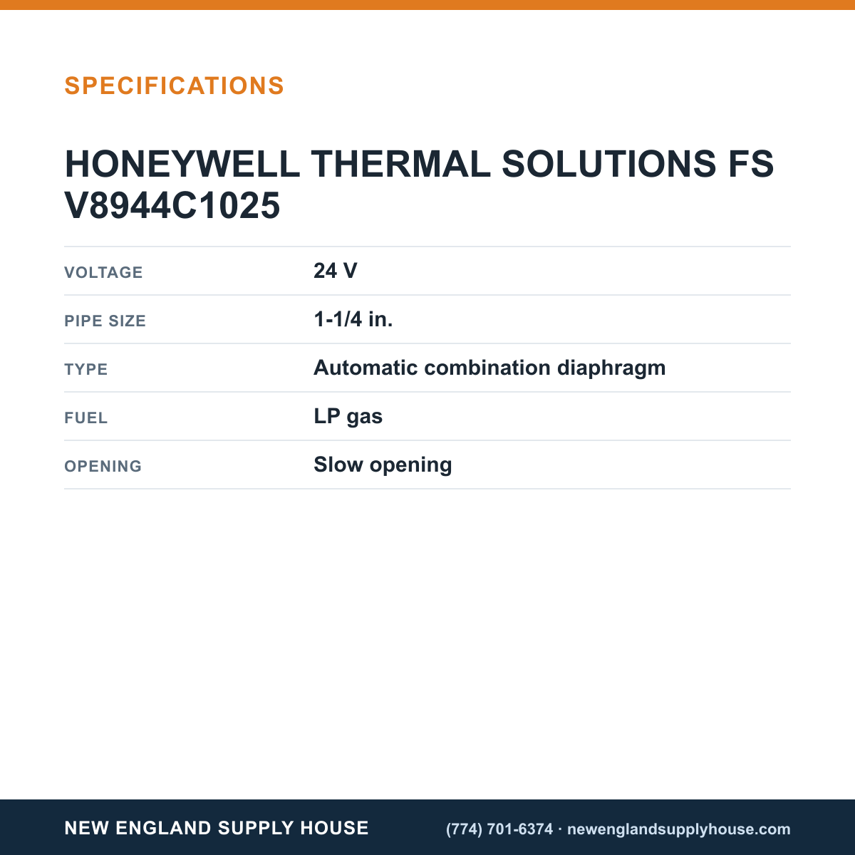 Honeywell Thermal Solutions FSG V8944C1025 Gas Valve specifications — New England Supply House [NESH-SPECTABLE-V1]
