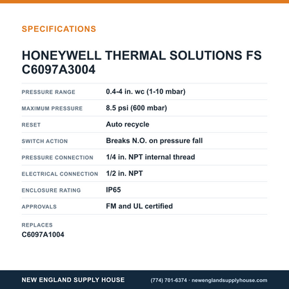 Honeywell Thermal Solutions FSG C6097A3004 Pressure Switch specifications — New England Supply House [NESH-SPECTABLE-V1]