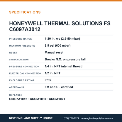 Honeywell Thermal Solutions FSG C6097A3012 Pressure Switch specifications — New England Supply House [NESH-SPECTABLE-V1]