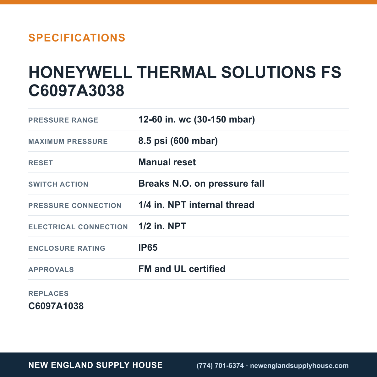 Honeywell Thermal Solutions FSG C6097A3038 Pressure Switch specifications — New England Supply House [NESH-SPECTABLE-V1]