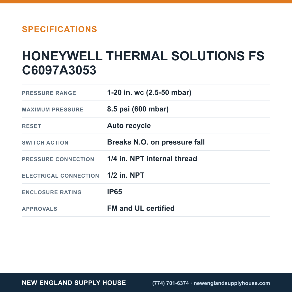 Honeywell Thermal Solutions FSG C6097A3053 Pressure Switch specifications — New England Supply House [NESH-SPECTABLE-V1]