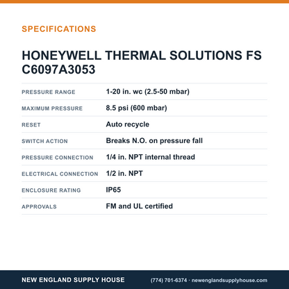 Honeywell Thermal Solutions FSG C6097A3053 Pressure Switch specifications — New England Supply House [NESH-SPECTABLE-V1]
