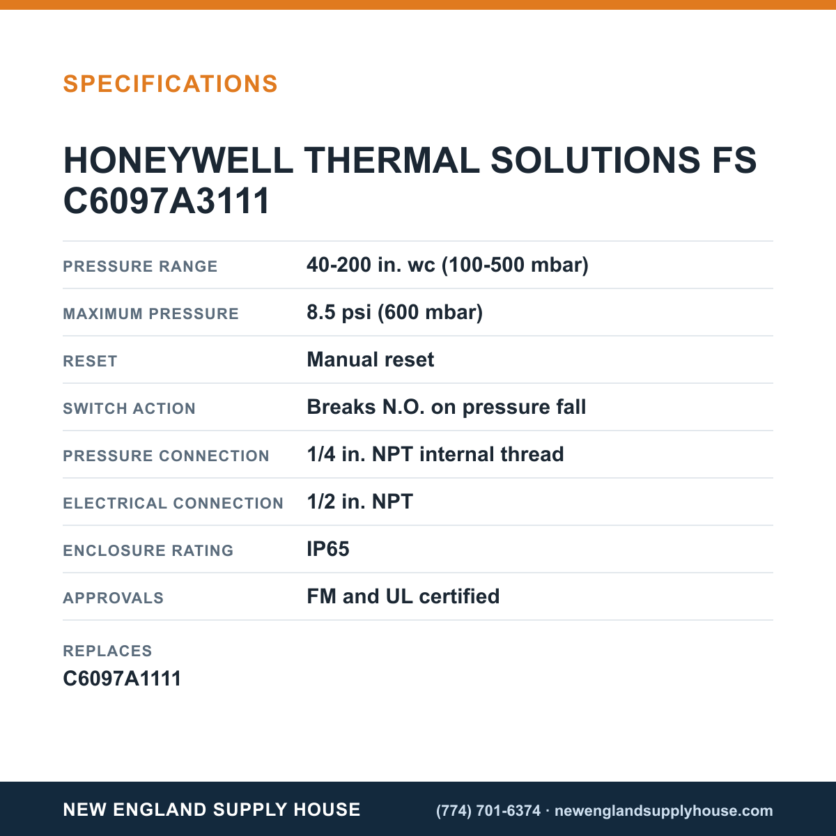 Honeywell Thermal Solutions FSG C6097A3111 Pressure Switch specifications — New England Supply House [NESH-SPECTABLE-V1]