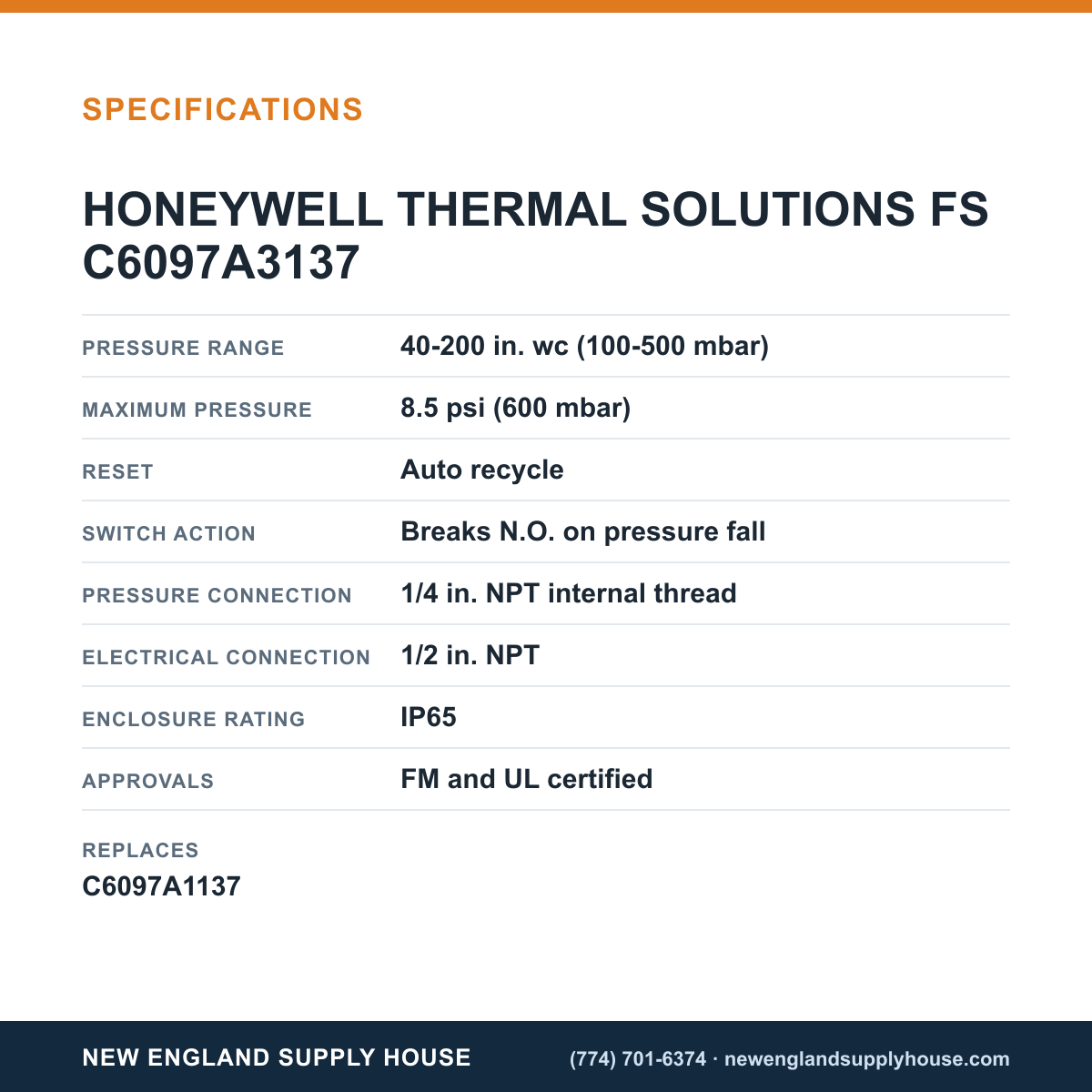 Honeywell Thermal Solutions FSG C6097A3137 Pressure Switch specifications — New England Supply House [NESH-SPECTABLE-V1]