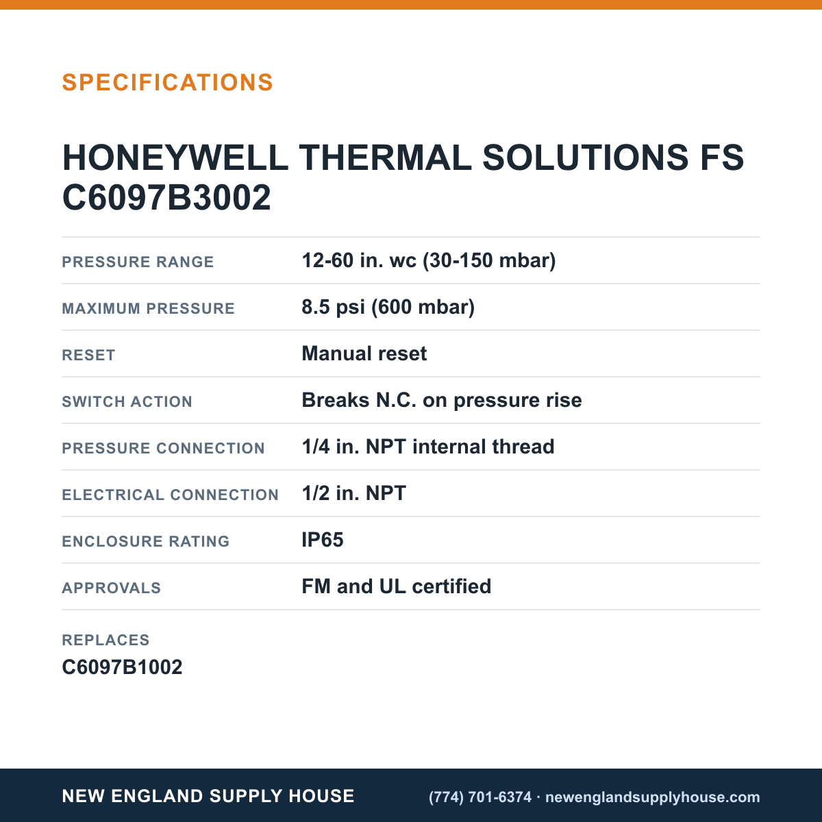 Honeywell Thermal Solutions FSG C6097B3002 Pressure Switch specifications — New England Supply House [NESH-SPECTABLE-V1]