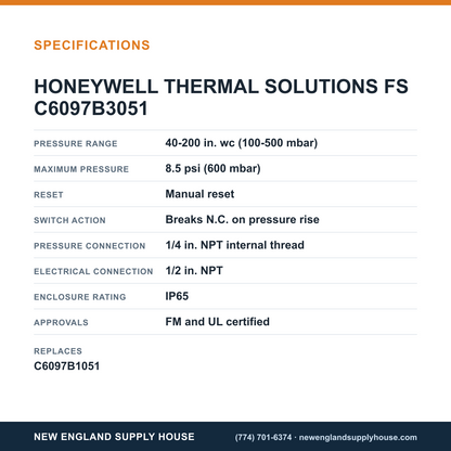 Honeywell Thermal Solutions FSG C6097B3051 Pressure Switch specifications — New England Supply House [NESH-SPECTABLE-V1]