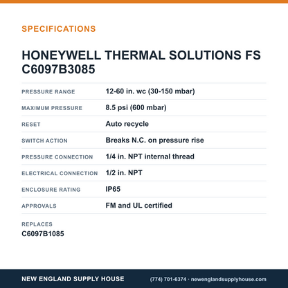 Honeywell Thermal Solutions FSG C6097B3085 Pressure Switch specifications — New England Supply House [NESH-SPECTABLE-V1]