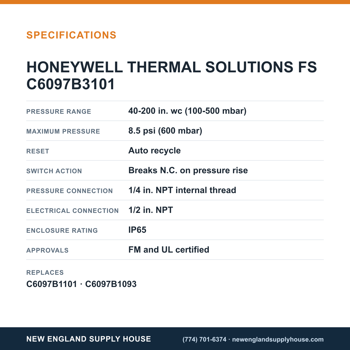 Honeywell Thermal Solutions FSG C6097B3101 Pressure Switch specifications — New England Supply House [NESH-SPECTABLE-V1]