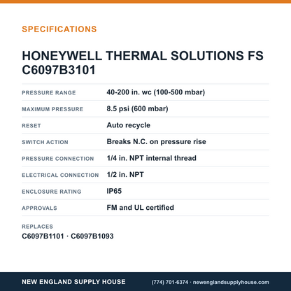Honeywell Thermal Solutions FSG C6097B3101 Pressure Switch specifications — New England Supply House [NESH-SPECTABLE-V1]