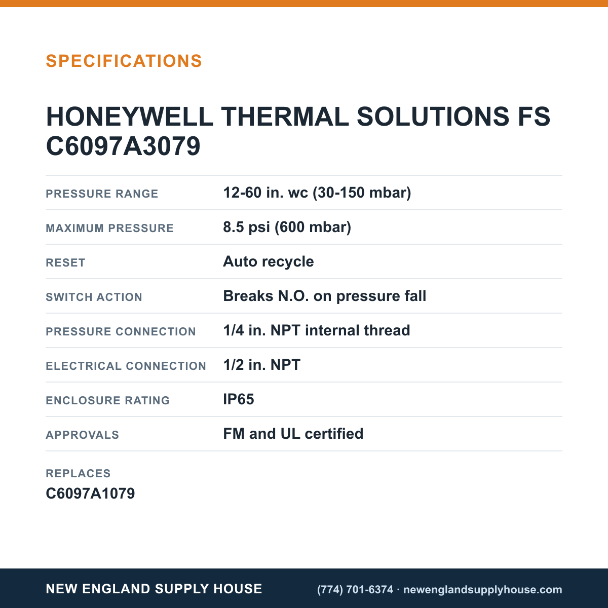 Honeywell Thermal Solutions FSG C6097A3079 Pressure Switch specifications — New England Supply House [NESH-SPECTABLE-V1]