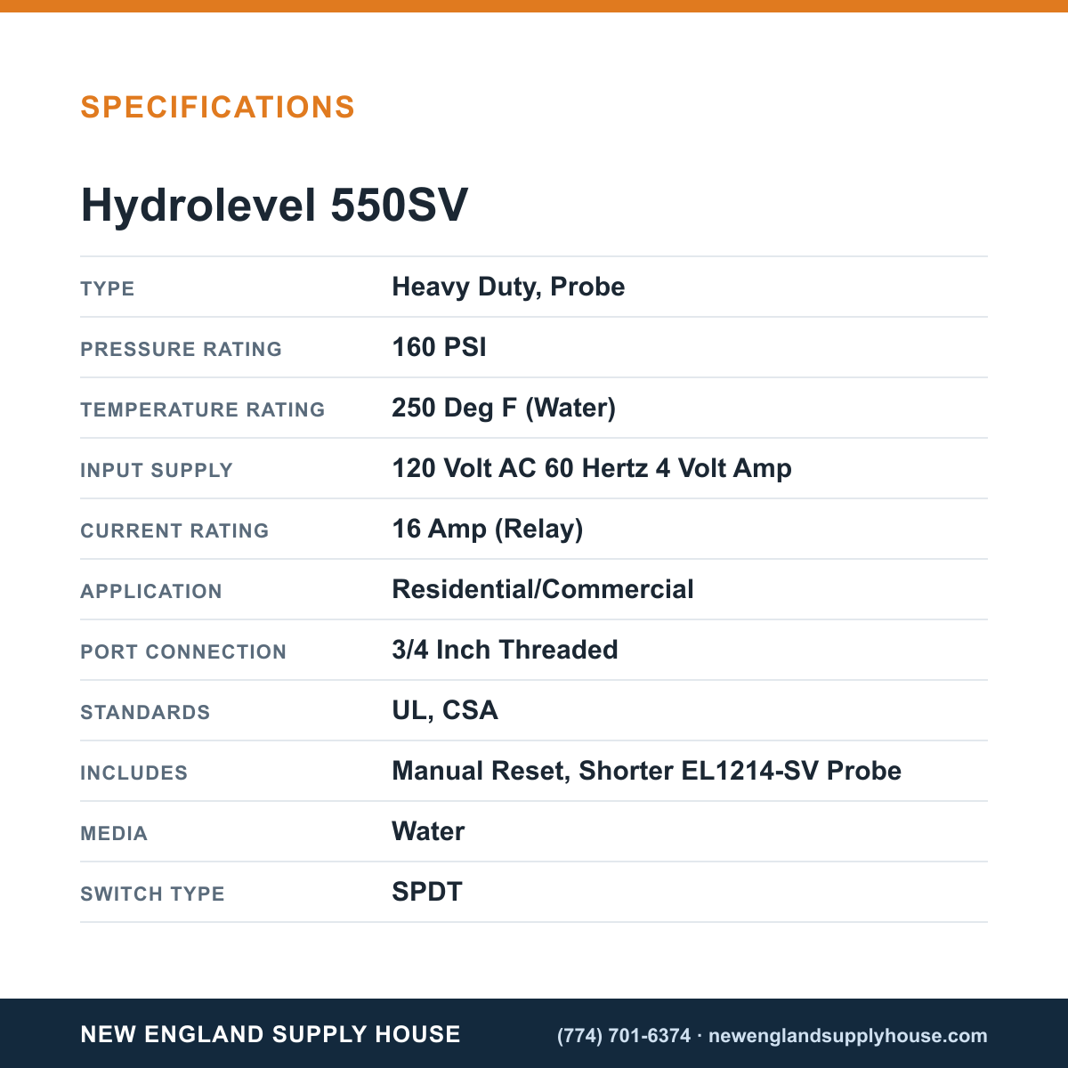 Hydrolevel 550SV Boiler Low Water Cut-Off specifications — New England Supply House [NESH-SPECTABLE-V1]