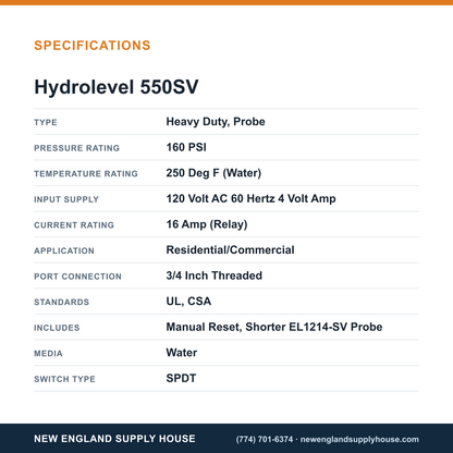 Hydrolevel 550SV Boiler Low Water Cut-Off specifications — New England Supply House [NESH-SPECTABLE-V1]