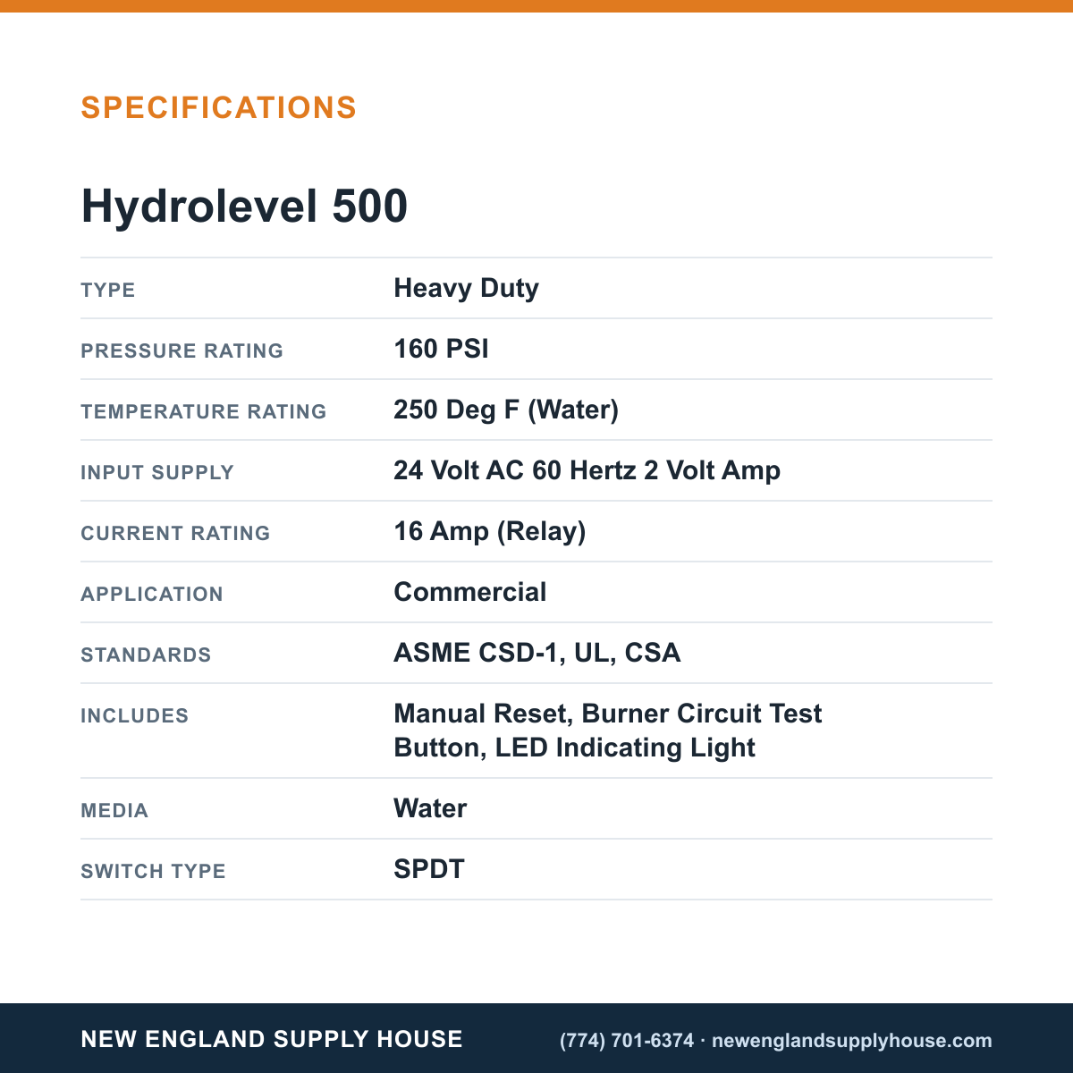 Hydrolevel 500 Boiler Low Water Cut-Off specifications — New England Supply House [NESH-SPECTABLE-V1]