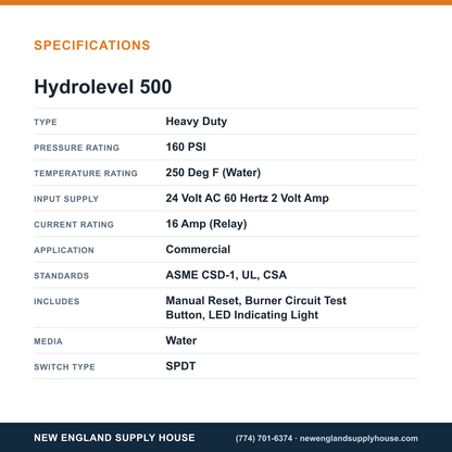 Hydrolevel 500 Boiler Low Water Cut-Off specifications — New England Supply House [NESH-SPECTABLE-V1]