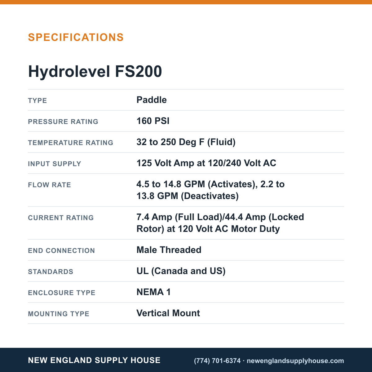 Hydrolevel FS200 Liquid Flow Switch specifications — New England Supply House [NESH-SPECTABLE-V1]