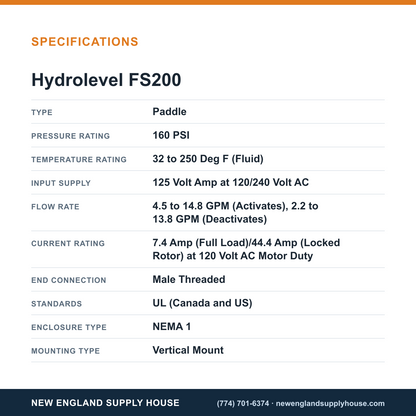 Hydrolevel FS200 Liquid Flow Switch specifications — New England Supply House [NESH-SPECTABLE-V1]