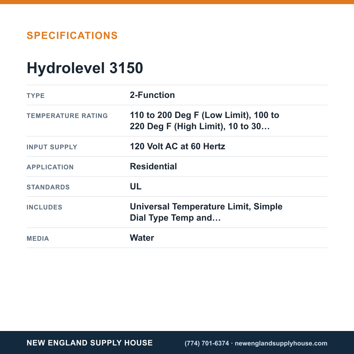 Hydrolevel 3150 Oil Fired Boiler Low Water Cut-Off specifications — New England Supply House [NESH-SPECTABLE-V1]