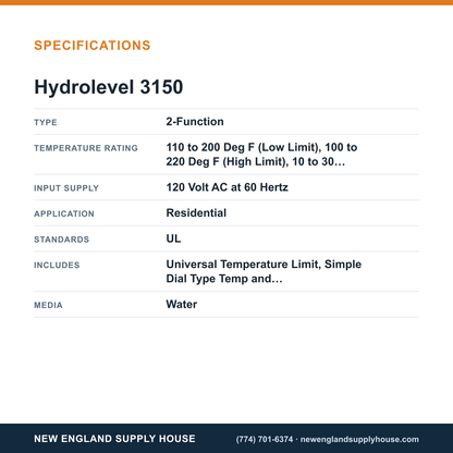 Hydrolevel 3150 Oil Fired Boiler Low Water Cut-Off specifications — New England Supply House [NESH-SPECTABLE-V1]
